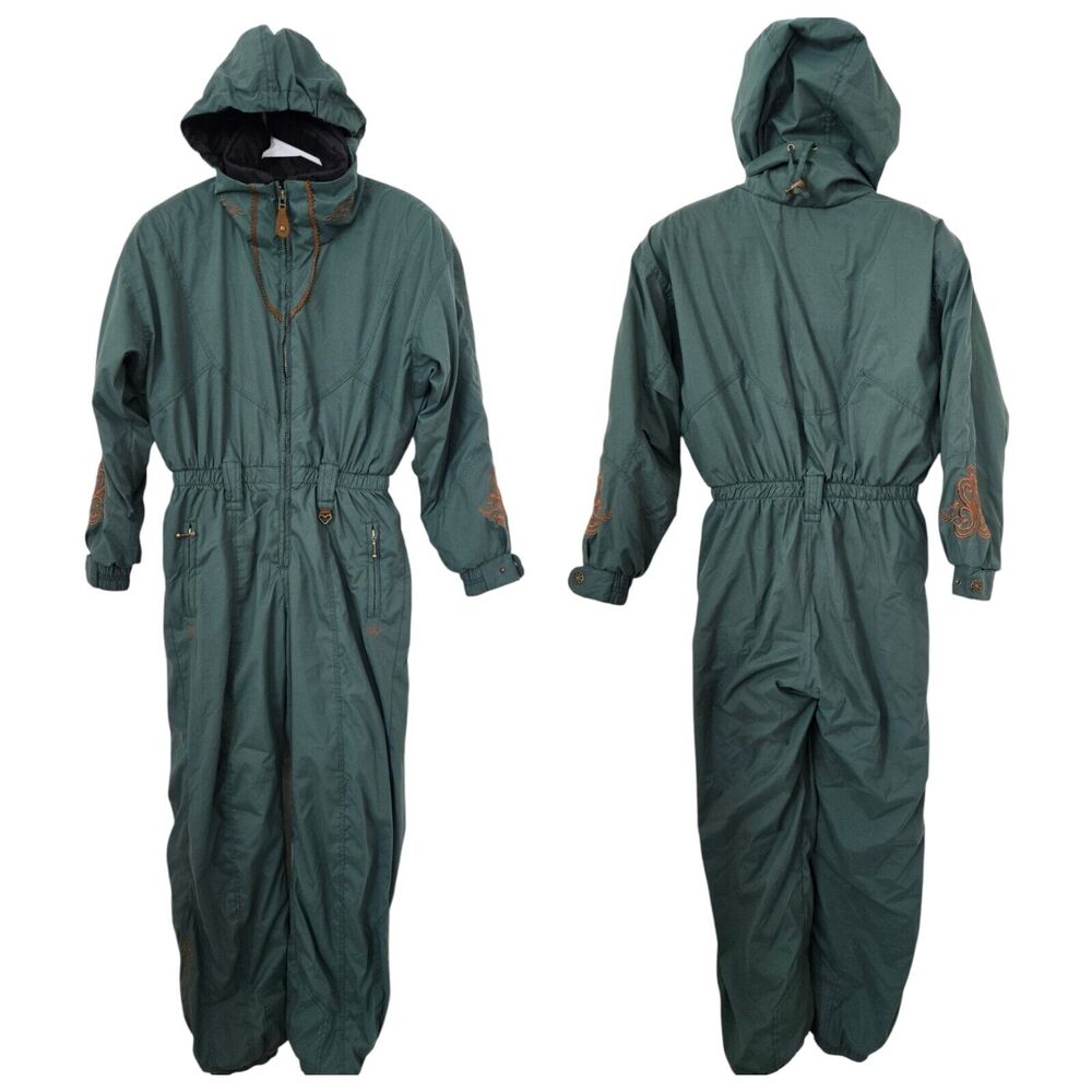 Obermeyer VTG Ski Snow Suit Green Petite 8 Hooded Jumpsuit 1/2 Zip Brown